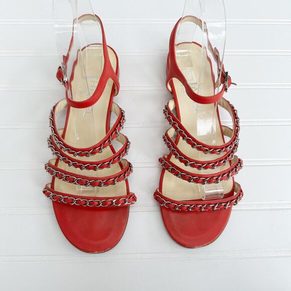 Chanel Red Leather CC Chain Sandals Four Strap Ankle Gladiator 38 - Picture 14 of 14